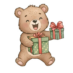 Cute cartoon character heerful Bear Holding Gifts watercolor