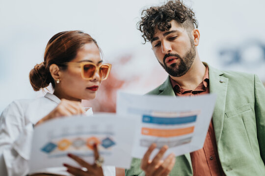 Two colleagues examine printed materials with charts and diagrams in a bright, modern workspace. The man wears a green blazer, the woman sports orange glasses, signaling collaboration and focus.