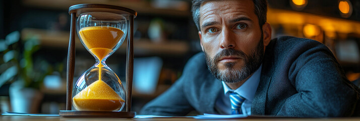 Suited man reflects on time while observing hourglass closely Generative AI