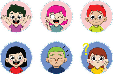 Cute cartoon kids avatar set, happy children facial expressions illustration, boy and girl emoji icons showing various emotions vector