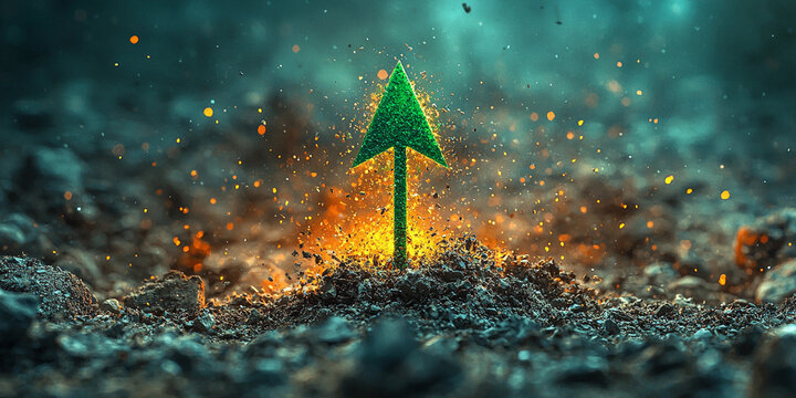 Green arrow rises from debris in a dynamic display of growth Generative AI