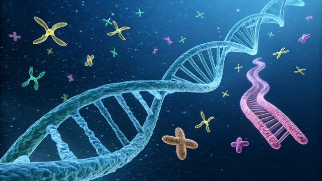 Abstract 3d rendering of dna strands and chromosomes in a blue background