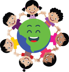 Happy cartoon Earth surrounded by diverse smiling children holding hands,