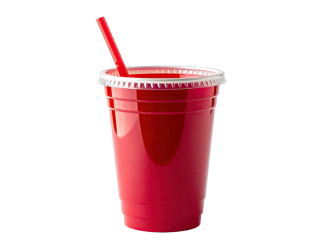 Transparent Red Plastic Cup with White Lid and Red Straw Filled with Red Liquid Isolated on Black Background with Studio Lighting