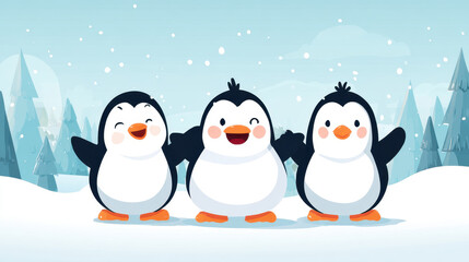 Obraz premium Cheerful cartoon penguins in winter landscape