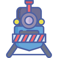 Vintage Blue Steam Locomotive Facing Forward With Red and White Stripes On Front With Yellow Headlights And Purple Accents With Purple Front Window And Purple Smoke Stack On Transparent Background