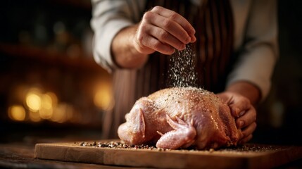 A man carefully seasons a whole raw turkey on a wooden cutting board, preparing for a joyful holiday meal. The warm glow of the kitchen adds to the festive atmosphere