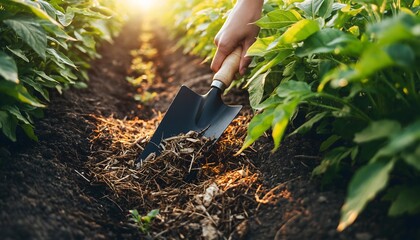 Gardening and farming - a person's hand using a trowel to cultivate soil in a garden