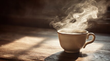 Warm Cup of Coffee With Rising Steam on Wooden Table During a Cozy Morning Moment