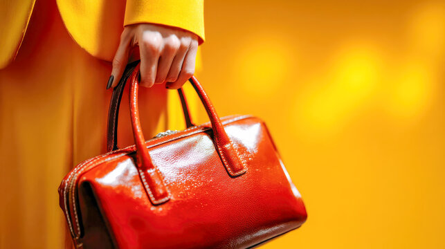 Stylish woman in yellow outfit holding a shiny brown leather handbag on a sunny background