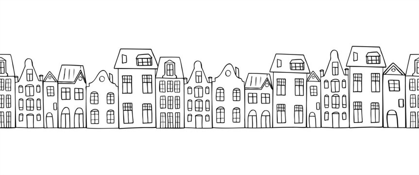 Old street with houses in Amsterdam style seamless banner painted by black inks. Vector monochrome European various buildings horizontal pattern. Illustration for Xmas textile, travel blogs