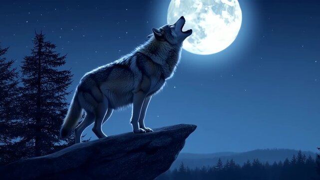 A lone wolf stands on a craggy peak, silhouetted against a vast night sky, a full moon shining brightly overhead
