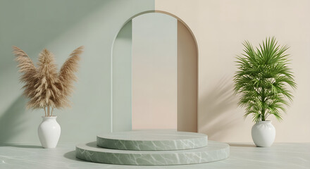 Minimalist 3D Product Display Podium with Stone Pedestal, Arch Background, and Natural Elements, Ideal for Cosmetic, Skincare, and Beauty Mockups
