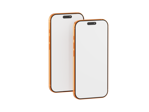 Two mockup smartphones with gold frames isolated on white background. Perfect for app design or technology pres