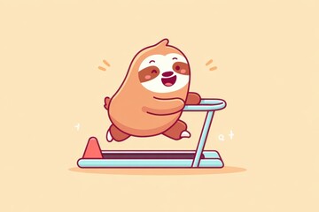 Naklejka premium A cute cartoon sloth happily running on a treadmill, with a joyful expression and colorful background