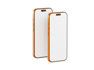 Two elegant orange smartphones with blank screens, perfect for showcasing apps or designs. Ideal for presentati