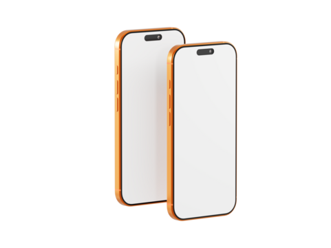 Two elegant orange smartphones with blank screens, perfect for showcasing apps or designs. Ideal for presentati