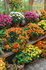 Colorful potted mums bloom in a greenhouse display on wooden shelves.