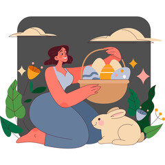 Woman With Easter Eggs And Bunny In Garden With Flowers And Clouds Vector Art