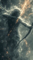 A powerful fantasy archer made of ethereal smoke and fire. Vertical illustration of a mystical woman warrior aiming a glowing bow and arrow. Mythological goddess concept