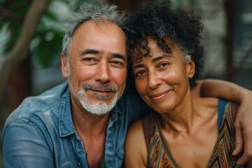 Portrait of a glad multiethnic couple in their 60s expressing their feelings