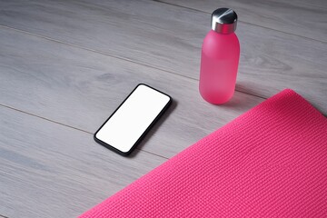 Essential home workout gear ready for personal fitness, featuring a vibrant pink yoga mat, water bottle, and smartphone on a light wooden floor