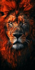 Fiery lion portrait with a vibrant red mane. Vertical close-up of a majestic animal's face symbolizing power, strength, and courage