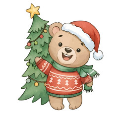 Happy Bear with Christmas Tree and Gifts watercolor