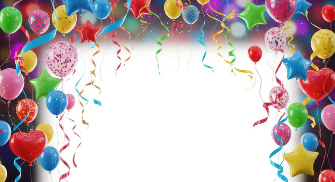 Colorful balloons and streamers with blank space against a festive background - Powered by Adobe