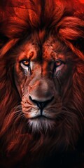 Dramatic close-up of a powerful lion's face. Vertical portrait of a majestic wild animal with a fiery red mane and intense amber eyes