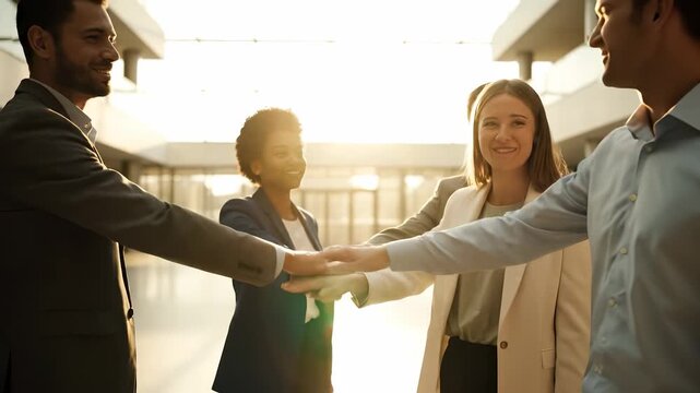 Business team joins hands in huddle. businesswoman and businessman lead teamwork and partnership. corporate meeting in office shows handshake and agreement. strategy focus for collaboration and unity.