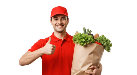 Delivery man holding grocery bag isolated on transparent background, showcasing food delivery service with a smile