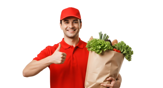 Delivery man holding grocery bag isolated on transparent background, showcasing food delivery service with a smile