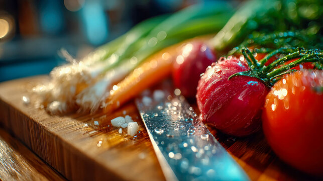 Fresh vegetables and vibrant carrot sticks being sliced on a multicolored cutting board