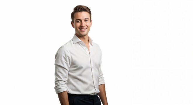 Smiling young man in a white shirt standing against a plain background with confidence and approachability