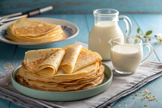 Stack of homemade crepes with milk jug on rustic blue wooden kitchen table