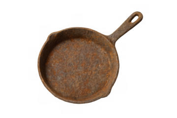 Rusty cast iron skillet pan. Aged antique kitchenware cooking tool. Old textured metal cookware with handle on transparent background