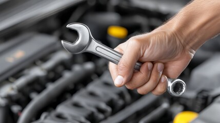 A skilled mechanic focuses on fixing a car engine, holding a shiny wrench tightly. The warm sunlight pours into the engine bay, illuminating the intricate parts beneath the hood
