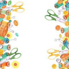 Two vertical seamless birders of sewing threads, scissors, buttons, pins and needles. Dressmaking clipart. Tailoring workshop. Hand-drawn watercolor illustration for sewing, crafting-themed design