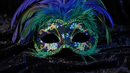 Ornate Venetian carnival mask with feathers and sequins. Slow tilt up revealing a mysterious masquerade accessory. Celebration concept for a party or ball - Powered by Adobe