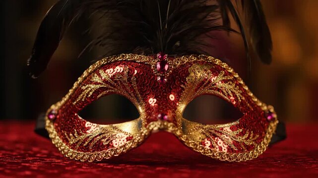 An ornate red and gold Venetian masquerade mask with black feathers. Close-up of a decorative carnival costume accessory on a red surface. Mystery and celebration concept