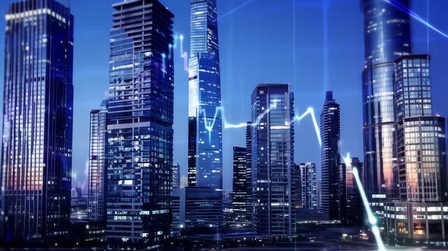 City skyline at night, with glowing, stylized lines resembling financial charts superimposed