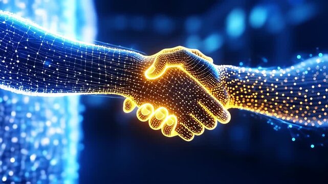 A digital handshake, composed of glowing, interconnected points forming the outline of two hands, against a backdrop of blurred, glowing lights, creating a futuristic, technological effect