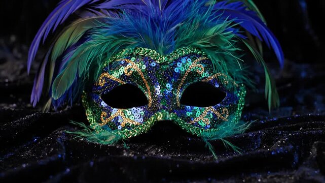 Ornate Venetian carnival mask with feathers and sequins. Slow tilt up revealing a mysterious masquerade accessory. Celebration concept for a party or ball - Powered by Adobe