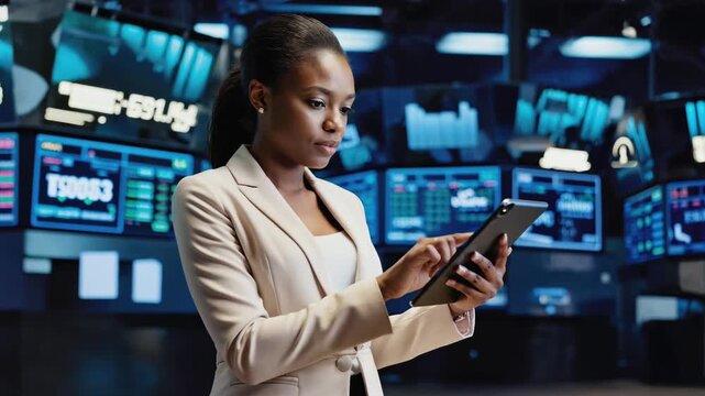 A young African woman in a business suit uses a tablet in a modern office with digital screens displaying financial data. - Powered by Adobe