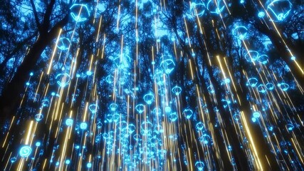 Abstract digital art of a forest at night, with glowing, light-blue and gold lines cascading down from the trees - Powered by Adobe