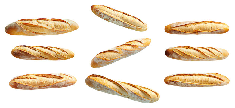 Set of crusty French baguette isolated on white transparent background, concept of fresh bread