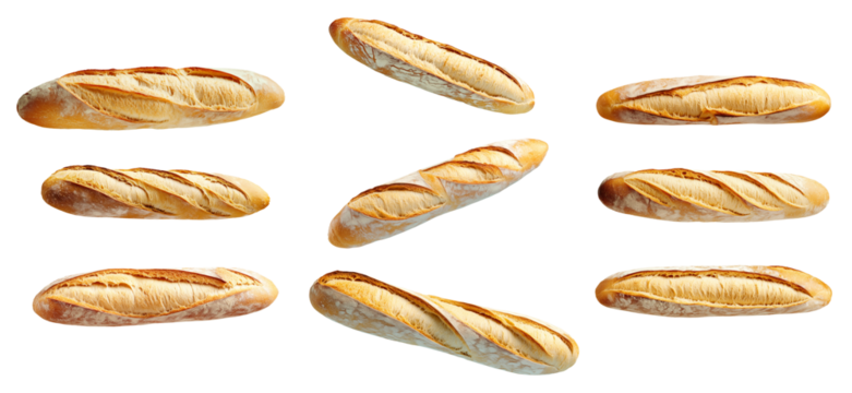 Set of crusty French baguette isolated on white transparent background, concept of fresh bread