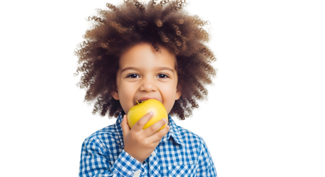 Happy african american boy eating a yellow apple isolated on transparent background healthy snack for child