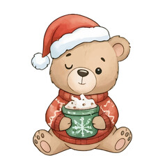 Cute Bear in Santa Hat Sipping Warm Drink